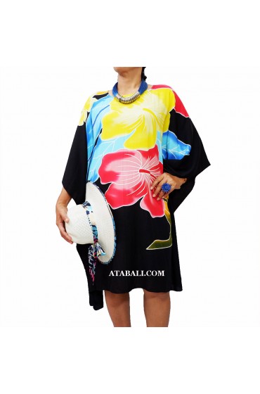 Beauty Flower with Handpainted Poncho Top Dress Black Pink Floral Made in Bali